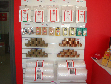 Box shop wall with all items on display